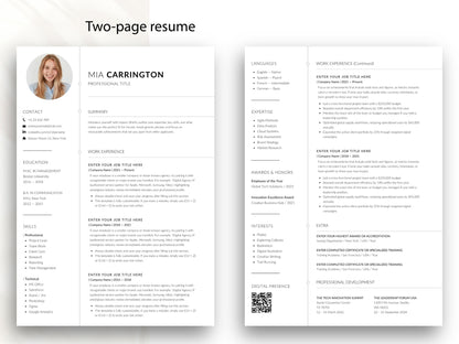 Professioneller zweiseitiger Lebenslauf aus dem digitalen Bewerbungsset mit modernem Design, Platz für ausführliche Berufserfahrung, Sprachen, Expertise und einen QR-Code für die digitale Präsenz.