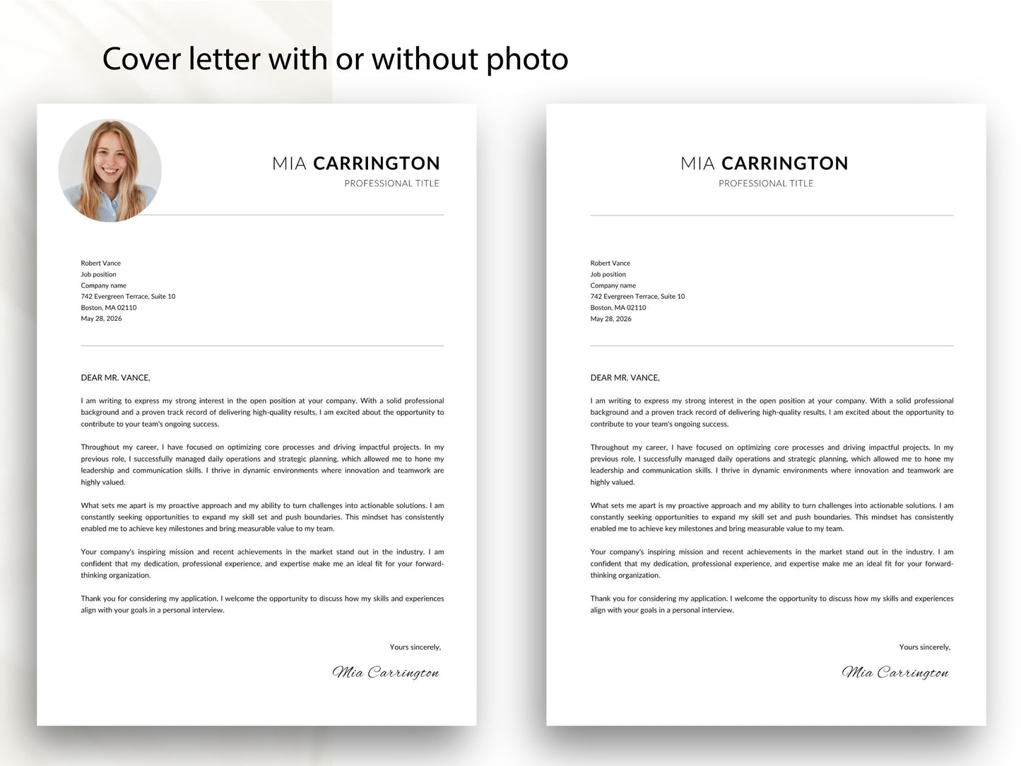 Professionelles Anschreiben für die Bewerbung in zwei Layout-Varianten mit und ohne Bewerbungsfoto, passend gestaltet im minimalistischen Design des gesamten Bewerbungssets.