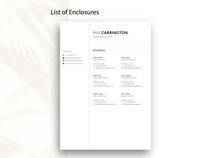 Professionelles Anlagenverzeichnis und Referenzblatt für die Bewerbung mit Platz für berufliche Empfehlungen, Kontaktdaten früherer Vorgesetzter und einheitlichem Design passend zur Lebenslauf-Vorlage.