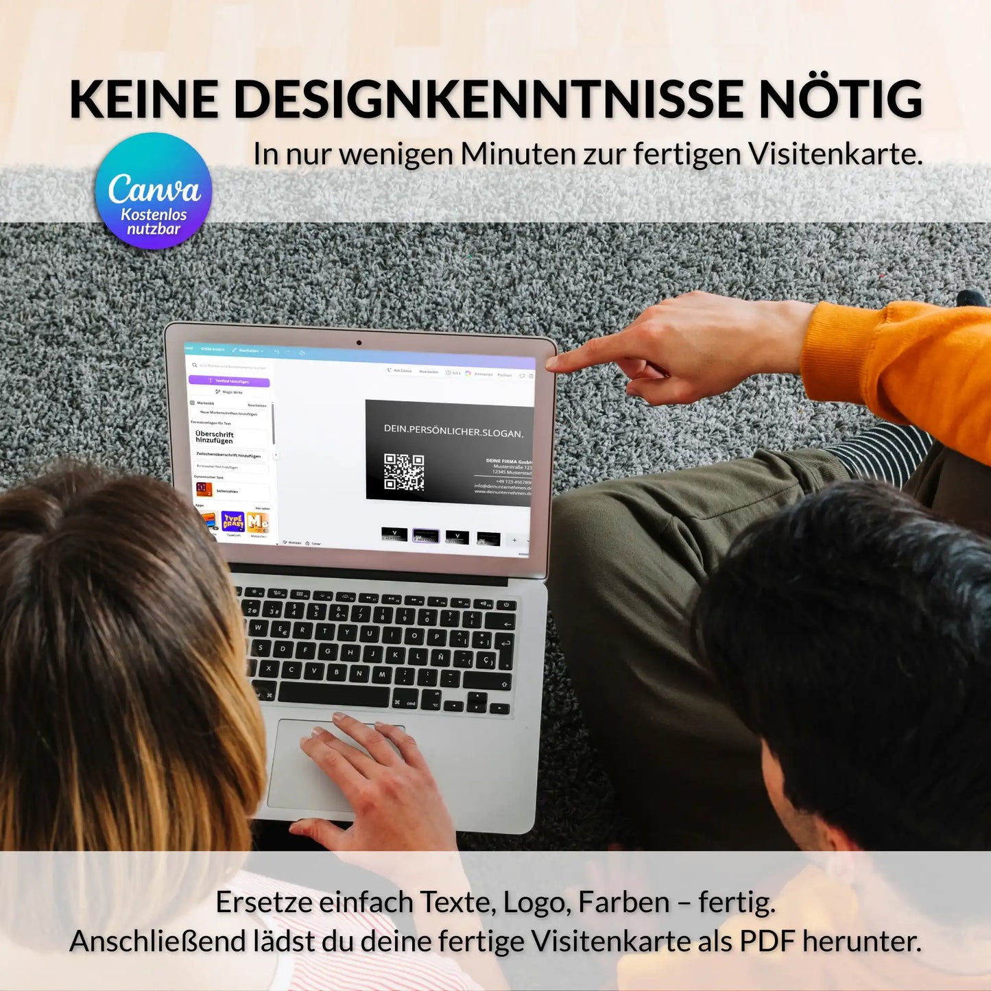 Schwarze Visitenkarten Vorlage wird in Canva ohne Designkenntnisse bearbeitet und individuell mit Logo, Farben, Texten und QR-Code angepasst – Louvion.de