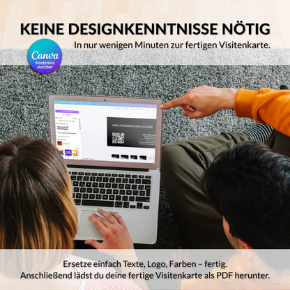 Schwarze Visitenkarten Vorlage wird in Canva ohne Designkenntnisse bearbeitet und individuell mit Logo, Farben, Texten und QR-Code angepasst – Louvion.de
