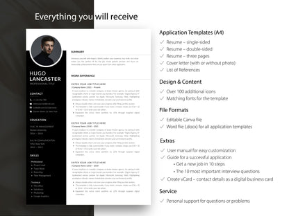 Übersicht der enthaltenen Bewerbungsvorlagen für Word und Canva mit 1-, 2- und 3-seitigem Lebenslauf, Anschreiben, Referenzen, Icons, Bewerbungsleitfaden und weiteren Extras für eine professionelle Bewerbung.