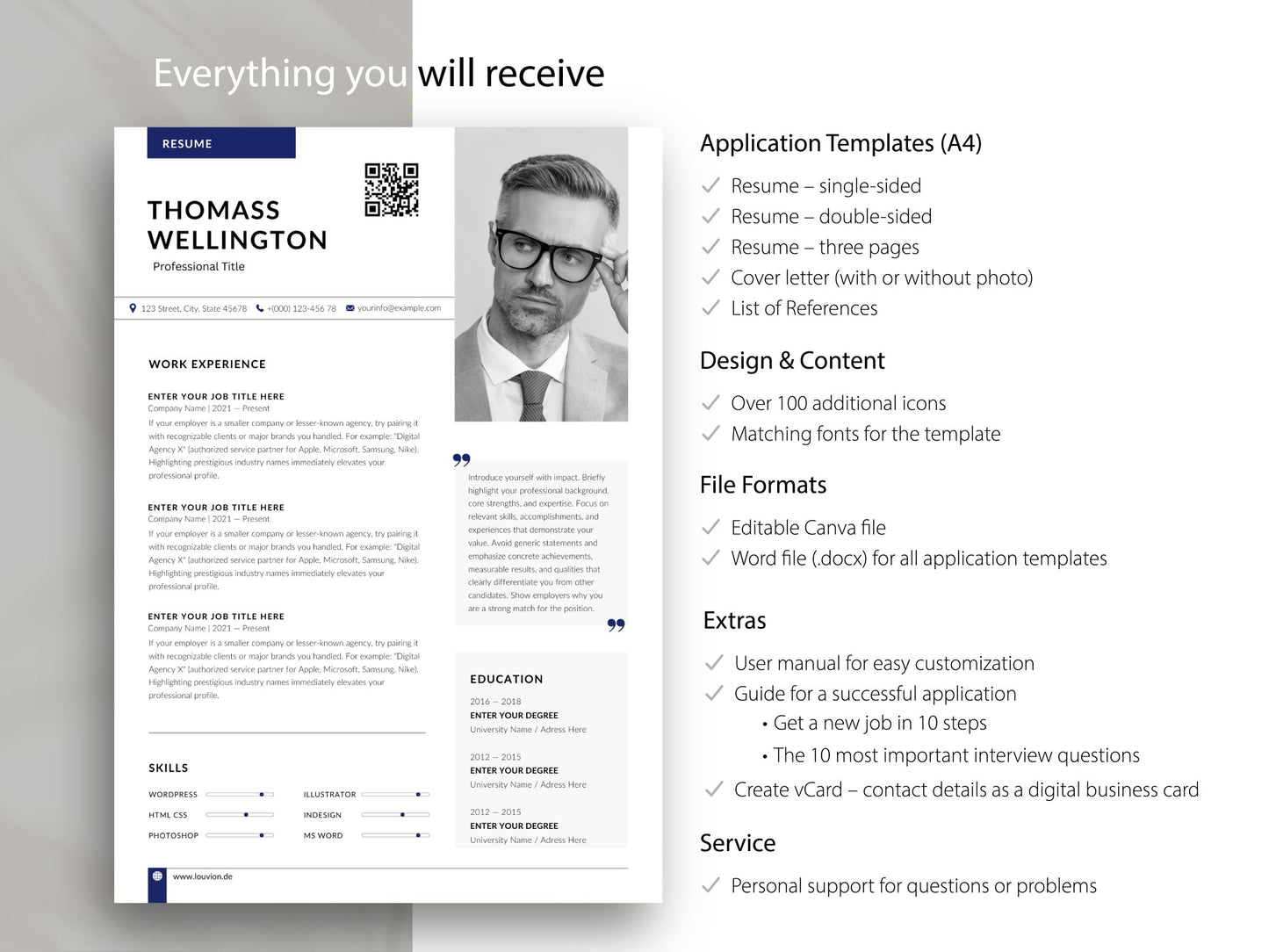 Übersicht der enthaltenen Lebenslauf Vorlagen für Word & Canva mit Anschreiben, Referenzliste, Bonusmaterial und ATS-freundlichem Design - Louvion.de