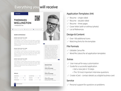 Übersicht der enthaltenen Lebenslauf Vorlagen für Word & Canva mit Anschreiben, Referenzliste, Bonusmaterial und ATS-freundlichem Design - Louvion.de