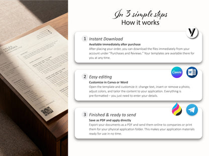 So funktioniert die Lebenslauf Vorlage Word & Canva: Sofortiger Download, einfache Bearbeitung in Canva oder Word und fertige Bewerbungsunterlagen zum direkten Versand.