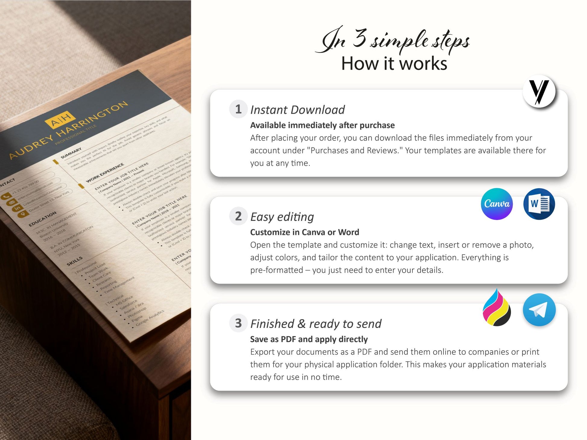Anleitung zur Bearbeitung der Lebenslauf Vorlage in Word und Canva mit Sofort-Download, PDF-Export und einfacher Anpassung – Louvion.de