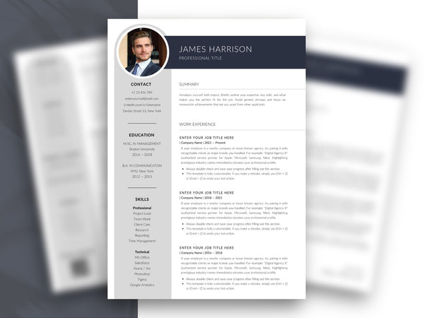 Professionelle Lebenslauf Vorlage mit Foto im Business-Design, bearbeitbar als Word & Canva Bewerbungsvorlage mit klarer Seitenleiste