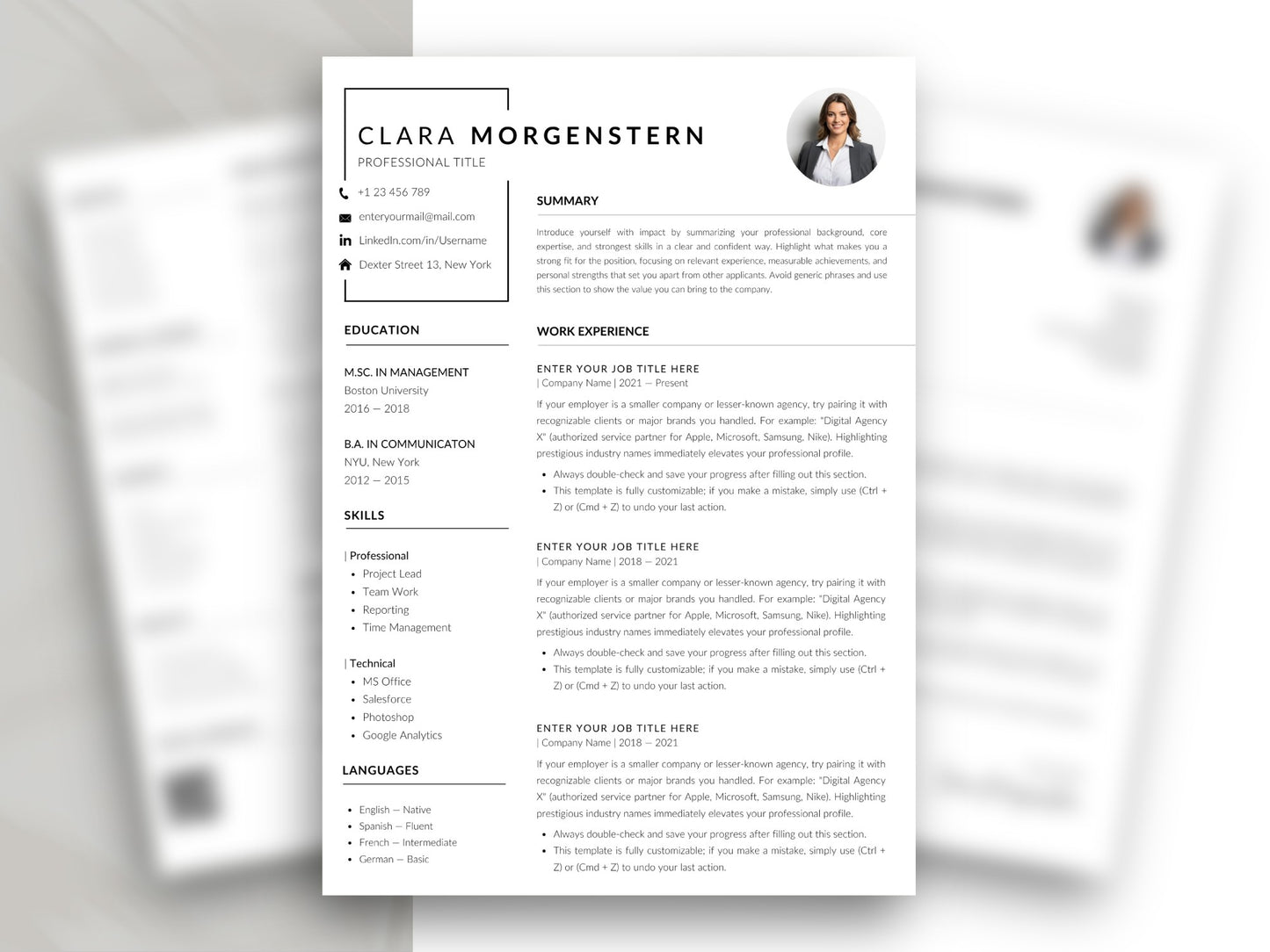 Moderne Lebenslauf Vorlage für Word und Canva mit professionellem Bewerbungsfoto, klar strukturierter Darstellung von Berufserfahrung, Ausbildung, Fähigkeiten und Sprachkenntnissen. Das minimalistische Lebenslauf Muster eignet sich für Bewerbungen in verschiedenen Branchen und bietet ein übersichtliches Layout für eine professionelle Präsentation der eigenen Qualifikationen.