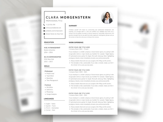 Moderne Lebenslauf Vorlage für Word und Canva mit professionellem Bewerbungsfoto, klar strukturierter Darstellung von Berufserfahrung, Ausbildung, Fähigkeiten und Sprachkenntnissen. Das minimalistische Lebenslauf Muster eignet sich für Bewerbungen in verschiedenen Branchen und bietet ein übersichtliches Layout für eine professionelle Präsentation der eigenen Qualifikationen.