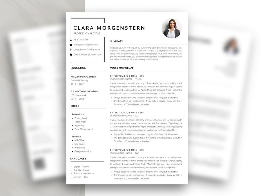 Moderne Lebenslauf Vorlage für Word und Canva mit professionellem Bewerbungsfoto, klar strukturierter Darstellung von Berufserfahrung, Ausbildung, Fähigkeiten und Sprachkenntnissen. Das minimalistische Lebenslauf Muster eignet sich für Bewerbungen in verschiedenen Branchen und bietet ein übersichtliches Layout für eine professionelle Präsentation der eigenen Qualifikationen.