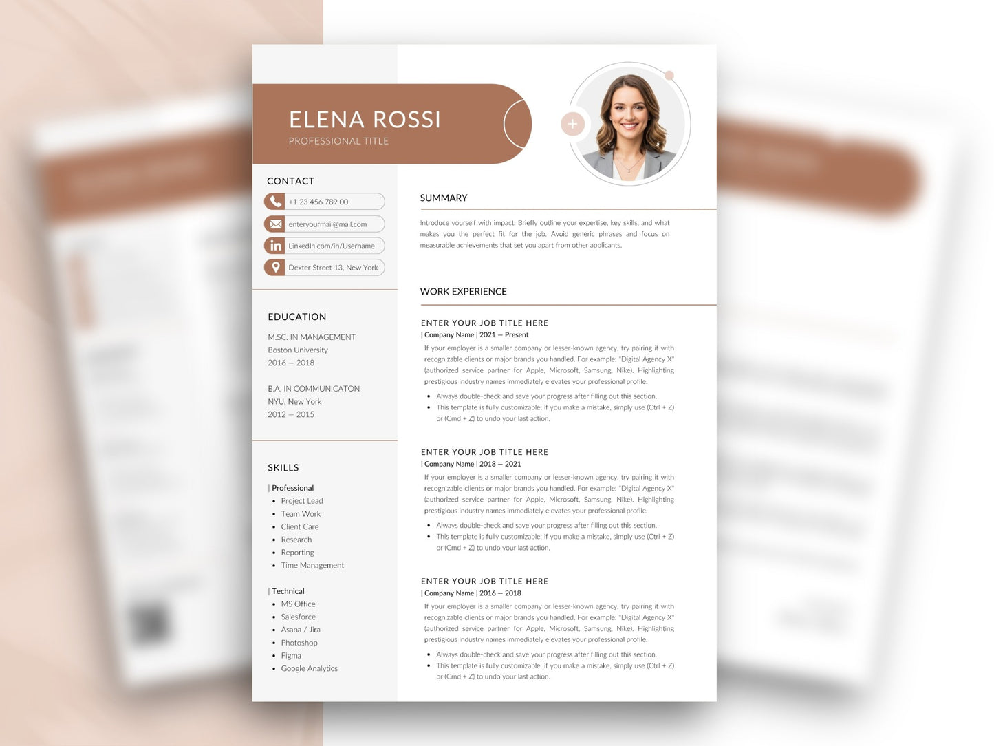 Moderne Beige Lebenslauf Vorlage Word & Canva mit Bewerbungsfoto, Kontaktbereich und mehrspaltigem Lebenslauf-Layout für Berufserfahrene.