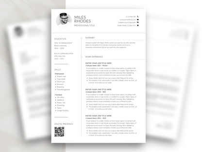 Moderne Lebenslauf Vorlage Word & Canva mit einseitigem Lebenslauf, Bewerbungsfoto, QR-Code und übersichtlichem Bewerbungslayout für professionelle Bewerbungen.