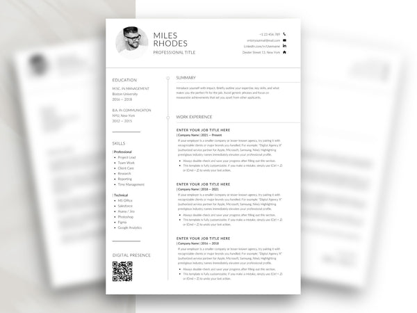 Moderne Lebenslauf Vorlage Word & Canva mit einseitigem Lebenslauf, Bewerbungsfoto, QR-Code und übersichtlichem Bewerbungslayout für professionelle Bewerbungen.