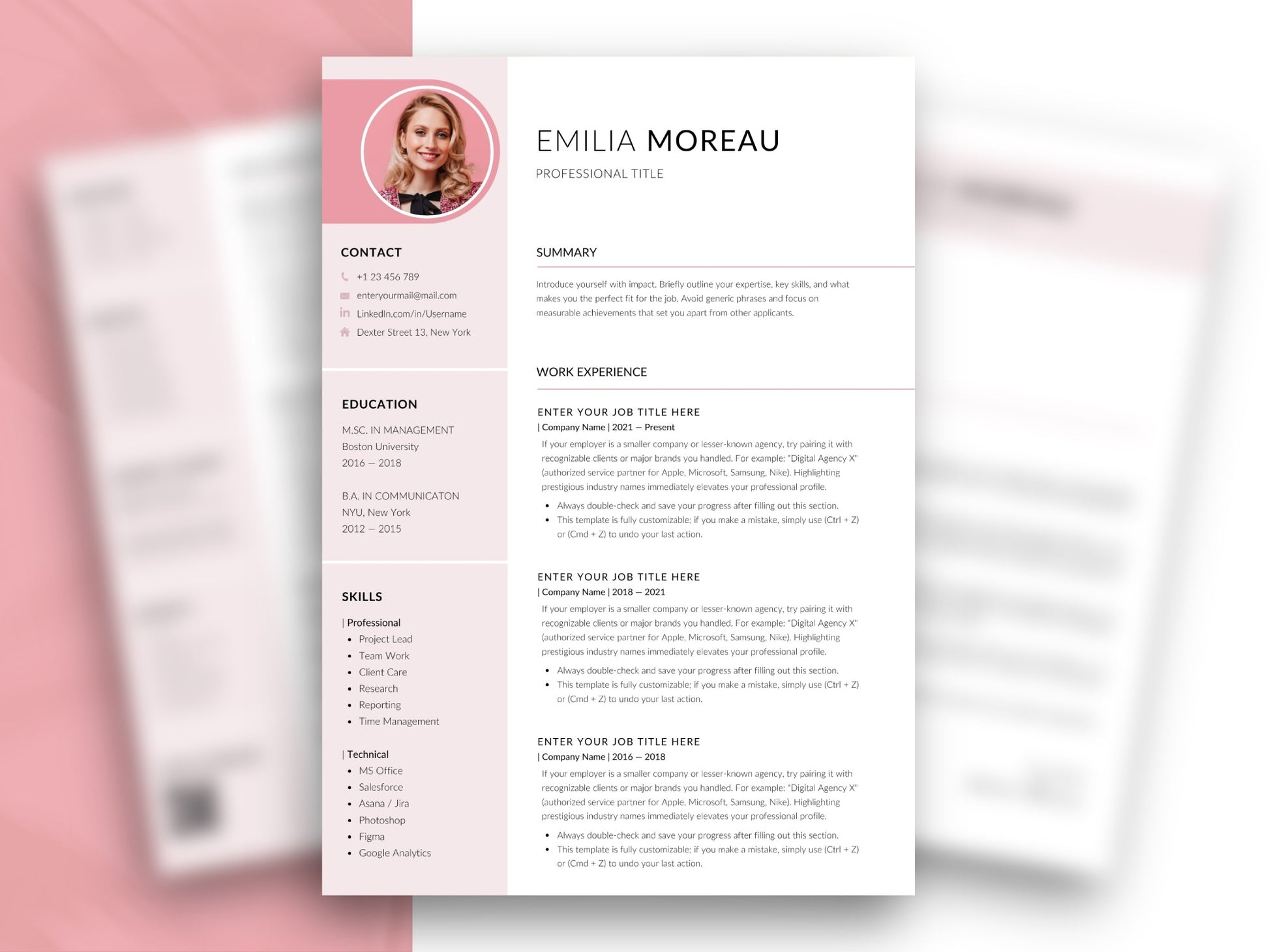 Minimalistische rosa Lebenslauf Vorlage mit Foto, Kontaktbereich und Berufserfahrung, bearbeitbar in Word und Canva.