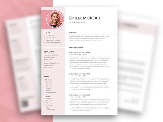 Minimalistische rosa Lebenslauf Vorlage mit Foto, Kontaktbereich und Berufserfahrung, bearbeitbar in Word und Canva.