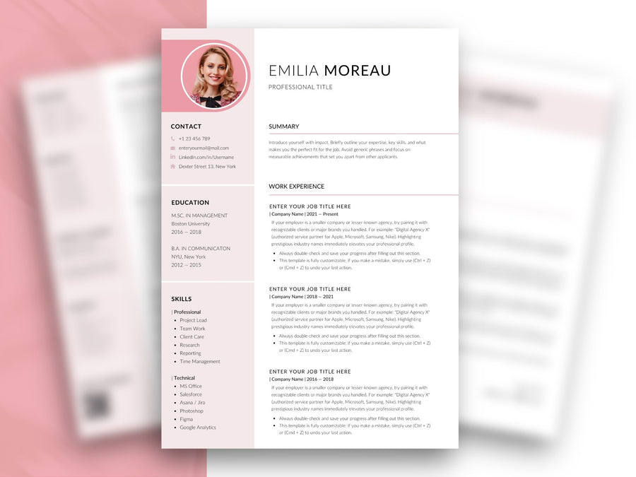 Minimalistische rosa Lebenslauf Vorlage mit Foto, Kontaktbereich und Berufserfahrung, bearbeitbar in Word und Canva.