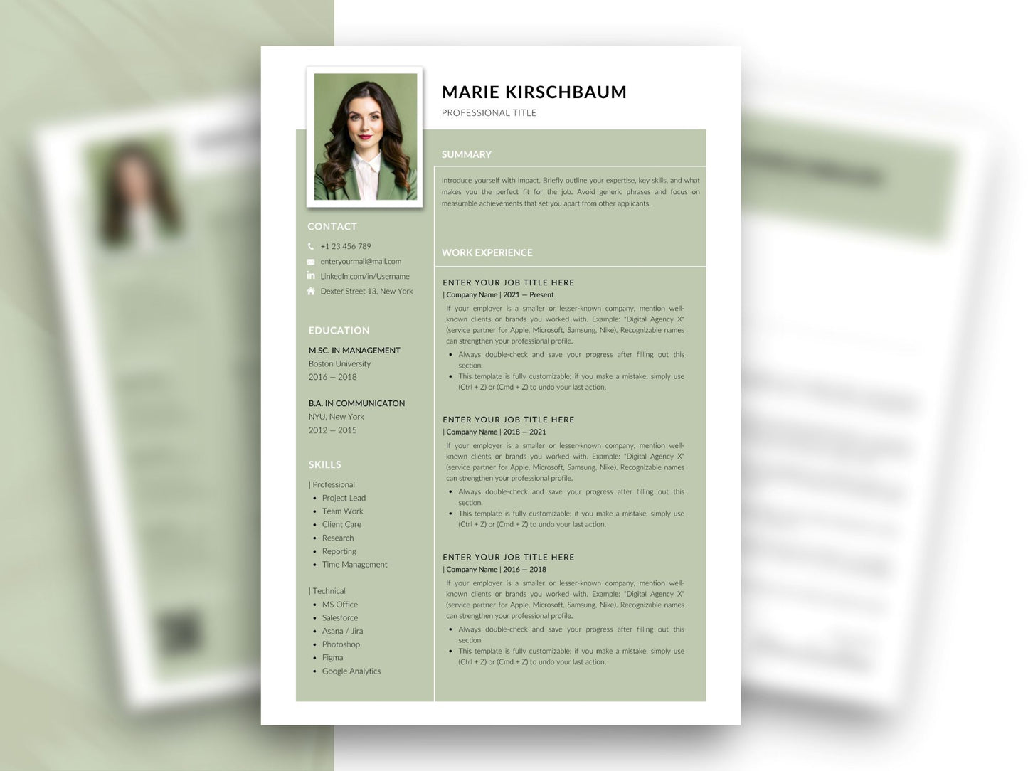 Moderne Editorial Lebenslauf Vorlage in Salbeigrün mit Foto, Seitenleiste für Kontaktdaten und ATS-freundlichem Layout – Louvion.de