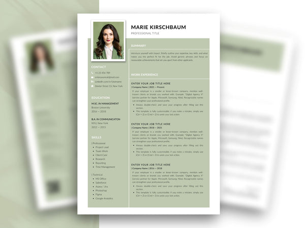 Moderne Editorial Lebenslauf Vorlage in Salbeigrün mit Foto, Seitenleiste für Kontaktdaten und ATS-freundlichem Layout – Louvion.de