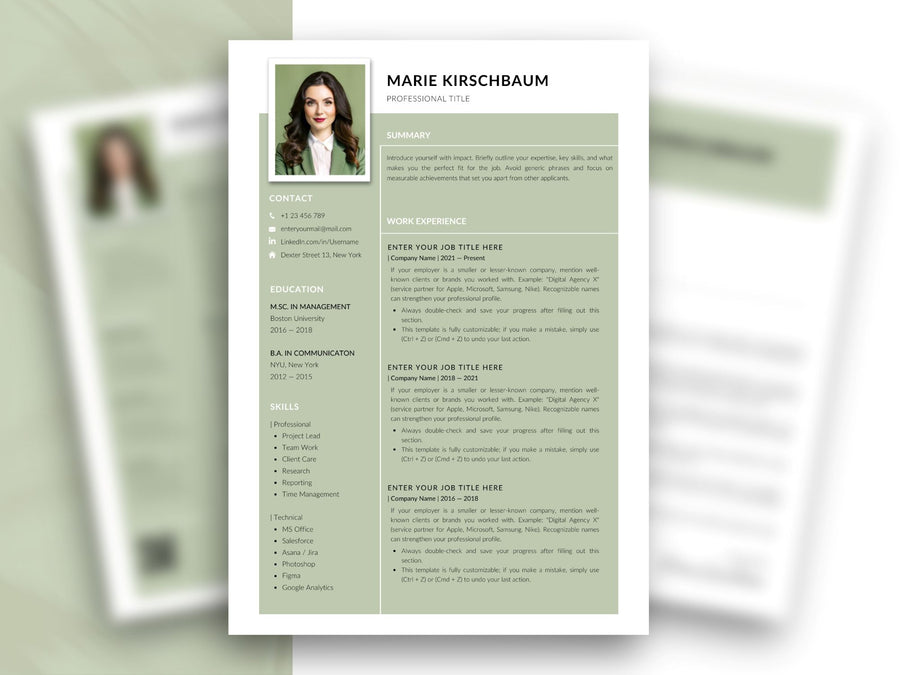 Moderne Editorial Lebenslauf Vorlage in Salbeigrün mit Foto, Seitenleiste für Kontaktdaten und ATS-freundlichem Layout – Louvion.de