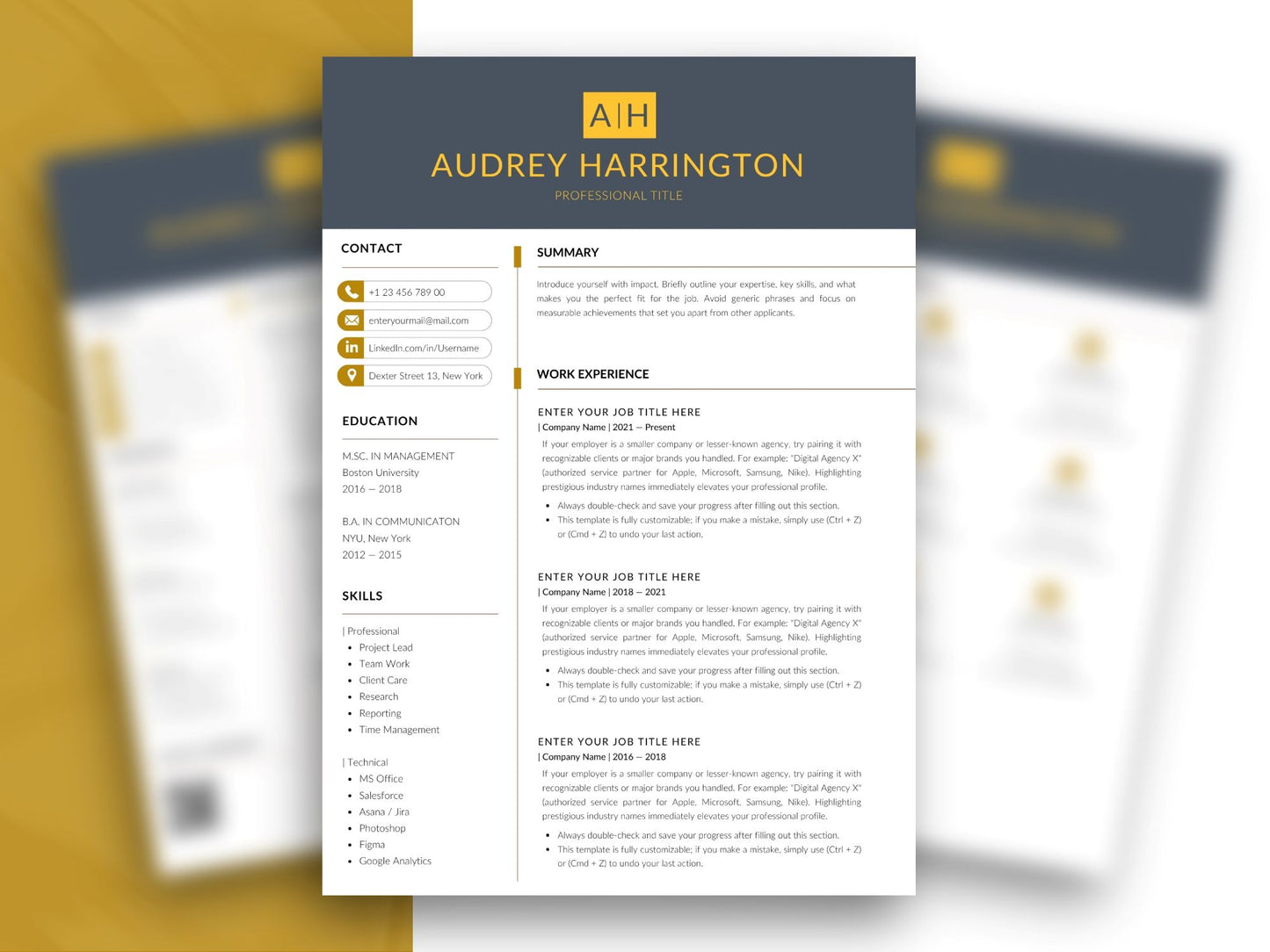 Moderne Lebenslauf Vorlage Word & Canva in Dunkelblau-Gold mit einseitigem Lebenslauf, Kontaktspalte und ATS-freundlichem Design – Louvion.de