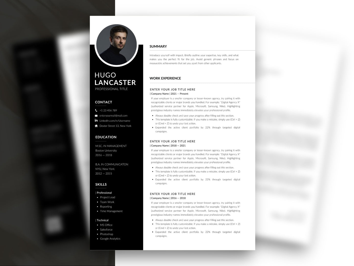 Moderne Lebenslauf Vorlage mit Foto im Schwarz-Weiß-Design für Word und Canva, professionelle Bewerbungsvorlage mit klarer Struktur für Berufserfahrung, Ausbildung und Fähigkeiten.