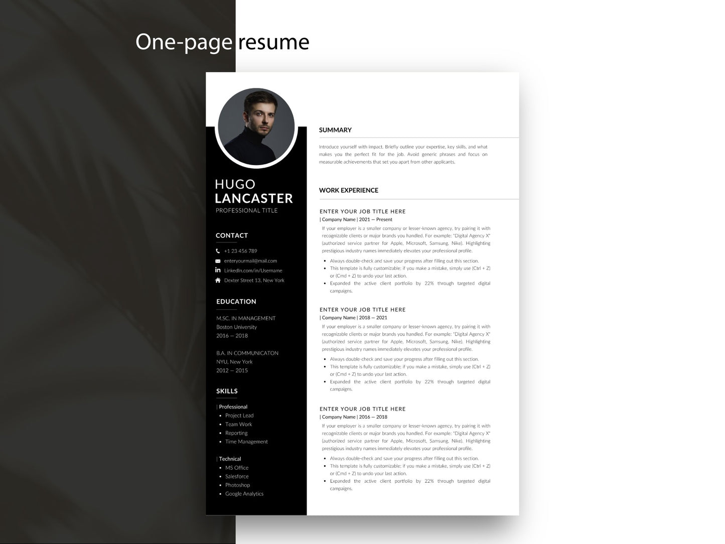 Einseitige Lebenslauf Vorlage mit Foto für Word und Canva im modernen Schwarz-Weiß-Design, professionelle Bewerbungsvorlage für eine übersichtliche und kompakte Bewerbung auf einer Seite.