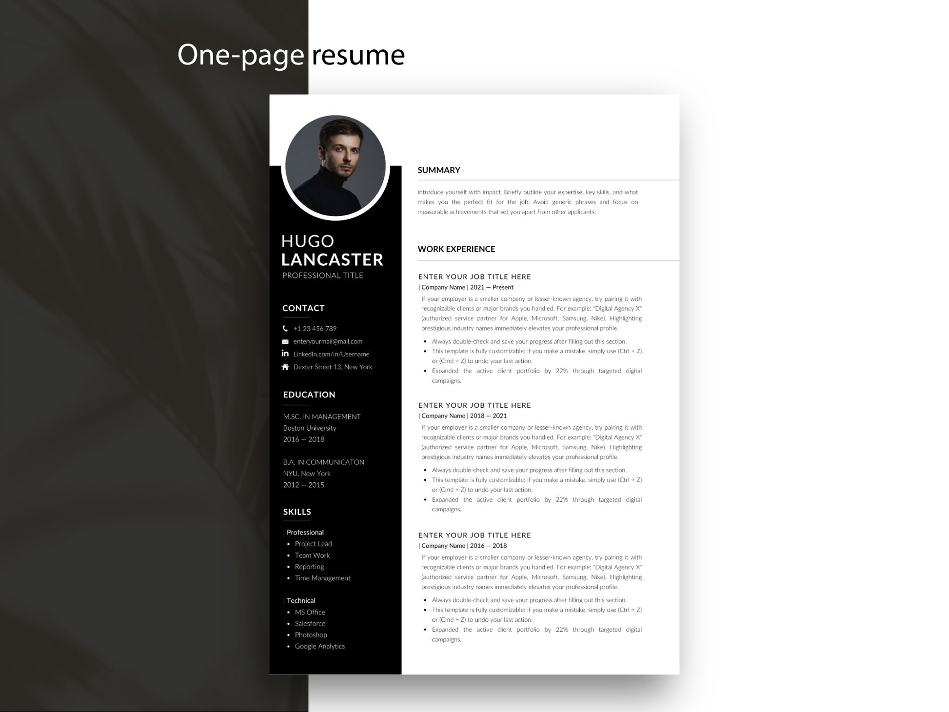 Einseitige Lebenslauf Vorlage mit Foto für Word und Canva im modernen Schwarz-Weiß-Design, professionelle Bewerbungsvorlage für eine übersichtliche und kompakte Bewerbung auf einer Seite.