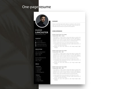 Einseitige Lebenslauf Vorlage mit Foto für Word und Canva im modernen Schwarz-Weiß-Design, professionelle Bewerbungsvorlage für eine übersichtliche und kompakte Bewerbung auf einer Seite.