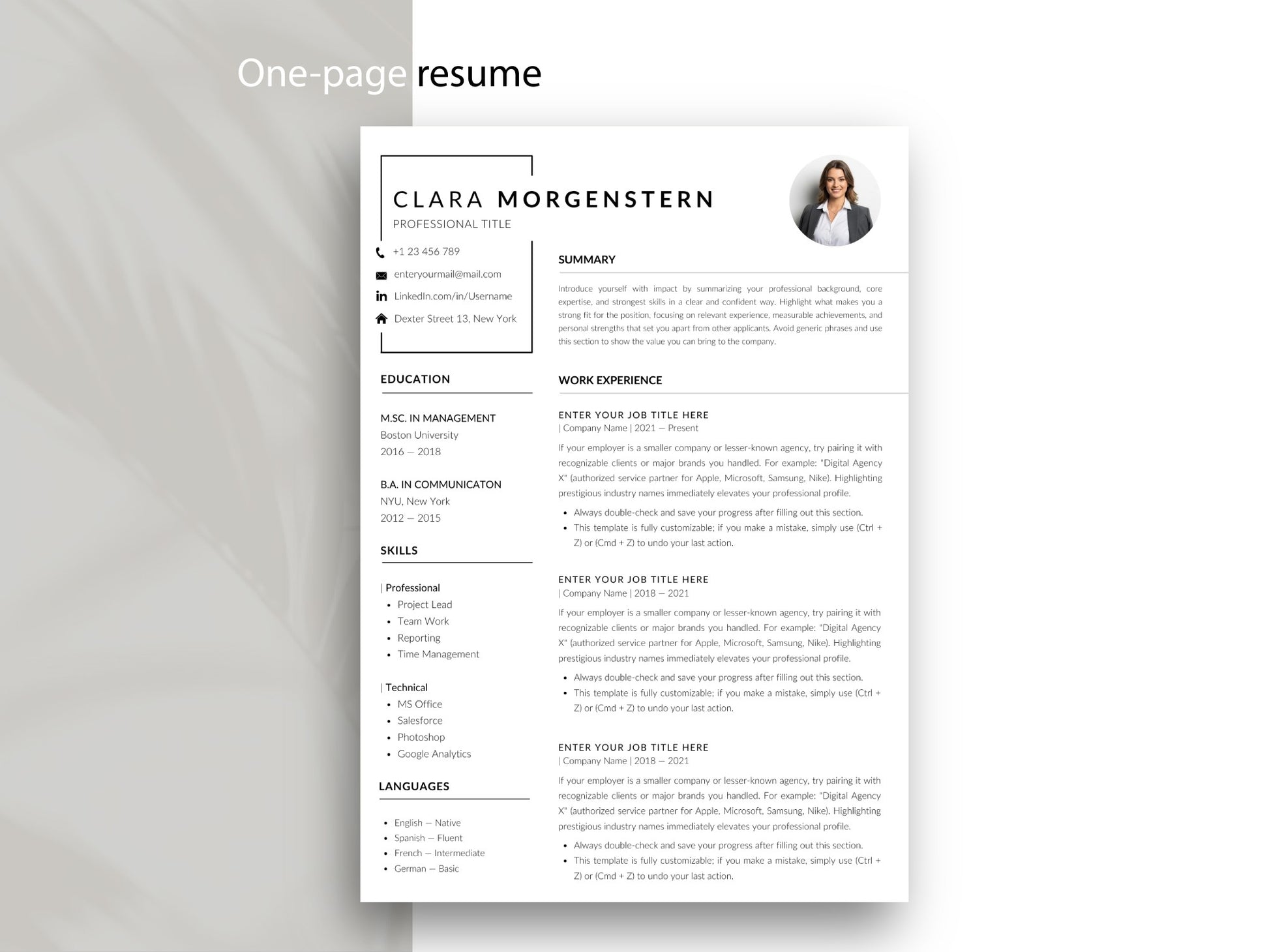 Einseitige Lebenslauf Vorlage für Word und Canva in modernem, minimalistischem Design. Das Lebenslauf Muster zeigt eine übersichtliche Struktur mit Bewerbungsfoto, Kontaktdaten, Berufserfahrung, Ausbildung, Fähigkeiten und Sprachkenntnissen und eignet sich für professionelle Bewerbungen in unterschiedlichen Berufsfeldern.