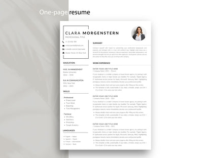 Einseitige Lebenslauf Vorlage für Word und Canva in modernem, minimalistischem Design. Das Lebenslauf Muster zeigt eine übersichtliche Struktur mit Bewerbungsfoto, Kontaktdaten, Berufserfahrung, Ausbildung, Fähigkeiten und Sprachkenntnissen und eignet sich für professionelle Bewerbungen in unterschiedlichen Berufsfeldern.