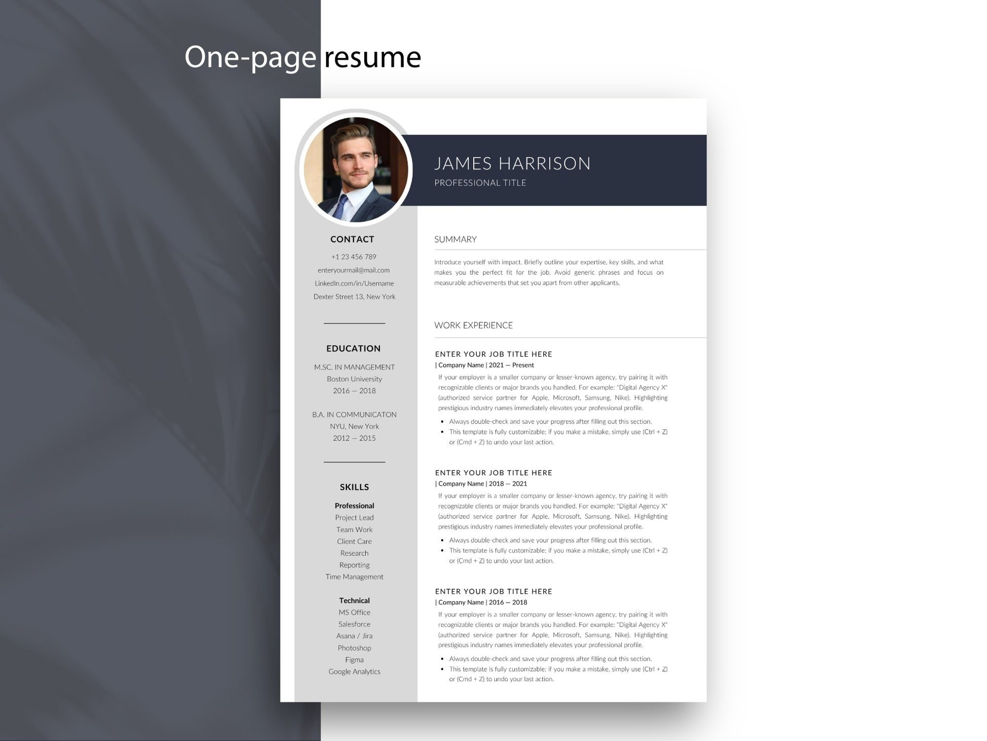 Einseitige Lebenslauf Vorlage mit Foto im modernen Business-Layout, bearbeitbar als Word & Canva Bewerbungsvorlage