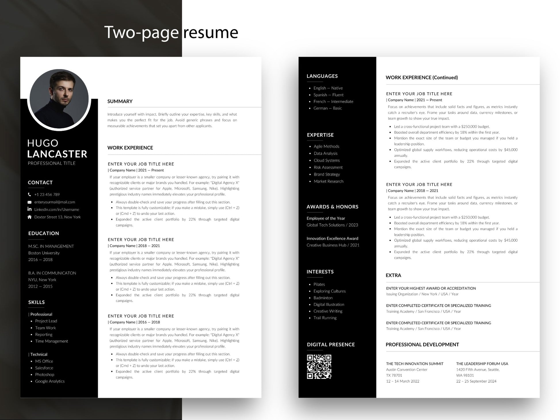 Zweiseitige Lebenslauf Vorlage mit Foto für Word und Canva, moderne Bewerbungsvorlage mit zusätzlicher Seite für Berufserfahrung, Qualifikationen, Auszeichnungen und Referenzen.