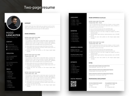 Zweiseitige Lebenslauf Vorlage mit Foto für Word und Canva, moderne Bewerbungsvorlage mit zusätzlicher Seite für Berufserfahrung, Qualifikationen, Auszeichnungen und Referenzen.
