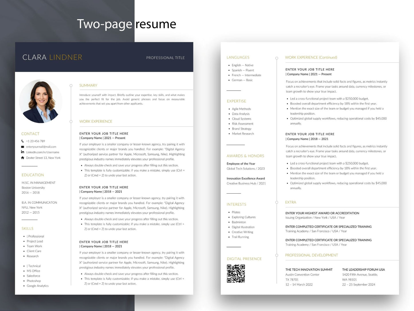 Zweiseitige Lebenslauf Vorlage Word & Canva mit elegantem ATS-Design, Berufserfahrung, Skills und QR-Code-Bereich.