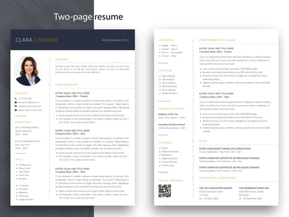 Zweiseitige Lebenslauf Vorlage Word & Canva mit elegantem ATS-Design, Berufserfahrung, Skills und QR-Code-Bereich.