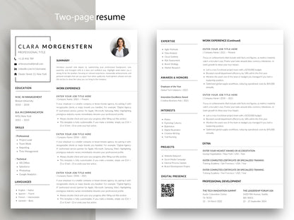 Zweiseitige Lebenslauf Vorlage für Word und Canva mit modernem, professionellem Layout. Die Bewerbungsvorlage enthält eine erste Seite für Kontaktdaten, Profil, Berufserfahrung, Ausbildung und Fähigkeiten sowie eine zweite Seite mit zusätzlichen Qualifikationen, Projekten, Auszeichnungen, Weiterbildungen und digitaler Präsenz. Ideal für Bewerber mit umfangreicher Berufserfahrung und einem ausführlichen Lebenslauf.