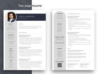 Zweiseitige Lebenslauf Vorlage mit Foto und QR-Code, professionelle Bewerbungsvorlage für Word & Canva im Business-Design