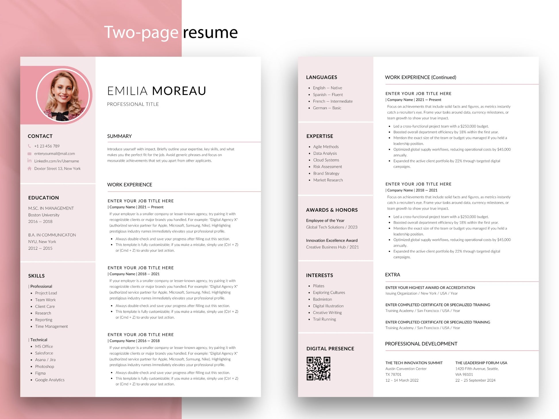 Zweiseitige rosa Lebenslauf Vorlage mit QR-Code, Berufserfahrung, Qualifikationen und Zusatzseiten für Word und Canva.