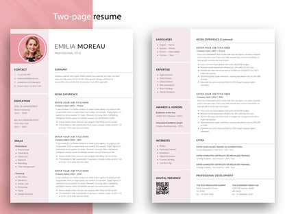 Zweiseitige rosa Lebenslauf Vorlage mit QR-Code, Berufserfahrung, Qualifikationen und Zusatzseiten für Word und Canva.