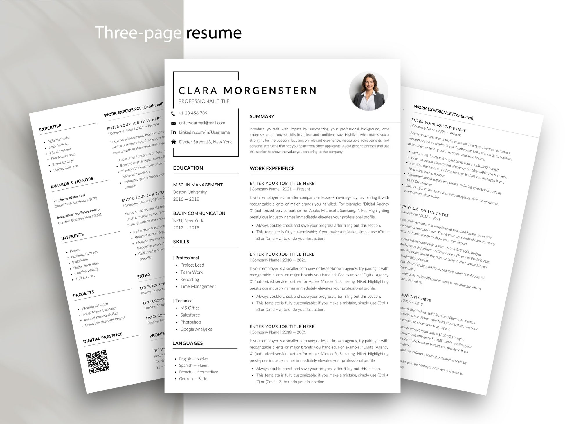 Dreiseitige Lebenslauf Vorlage für Word und Canva mit modernem und professionellem Design. Die Bewerbungsvorlage umfasst drei übersichtlich gestaltete Seiten für Berufserfahrung, Ausbildung, Fähigkeiten, Projekte, Auszeichnungen, Weiterbildungen und weitere Qualifikationen. Das ausführliche Lebenslauf Muster eignet sich besonders für Fachkräfte, Führungskräfte und Bewerber mit umfangreichem beruflichem Werdegang.