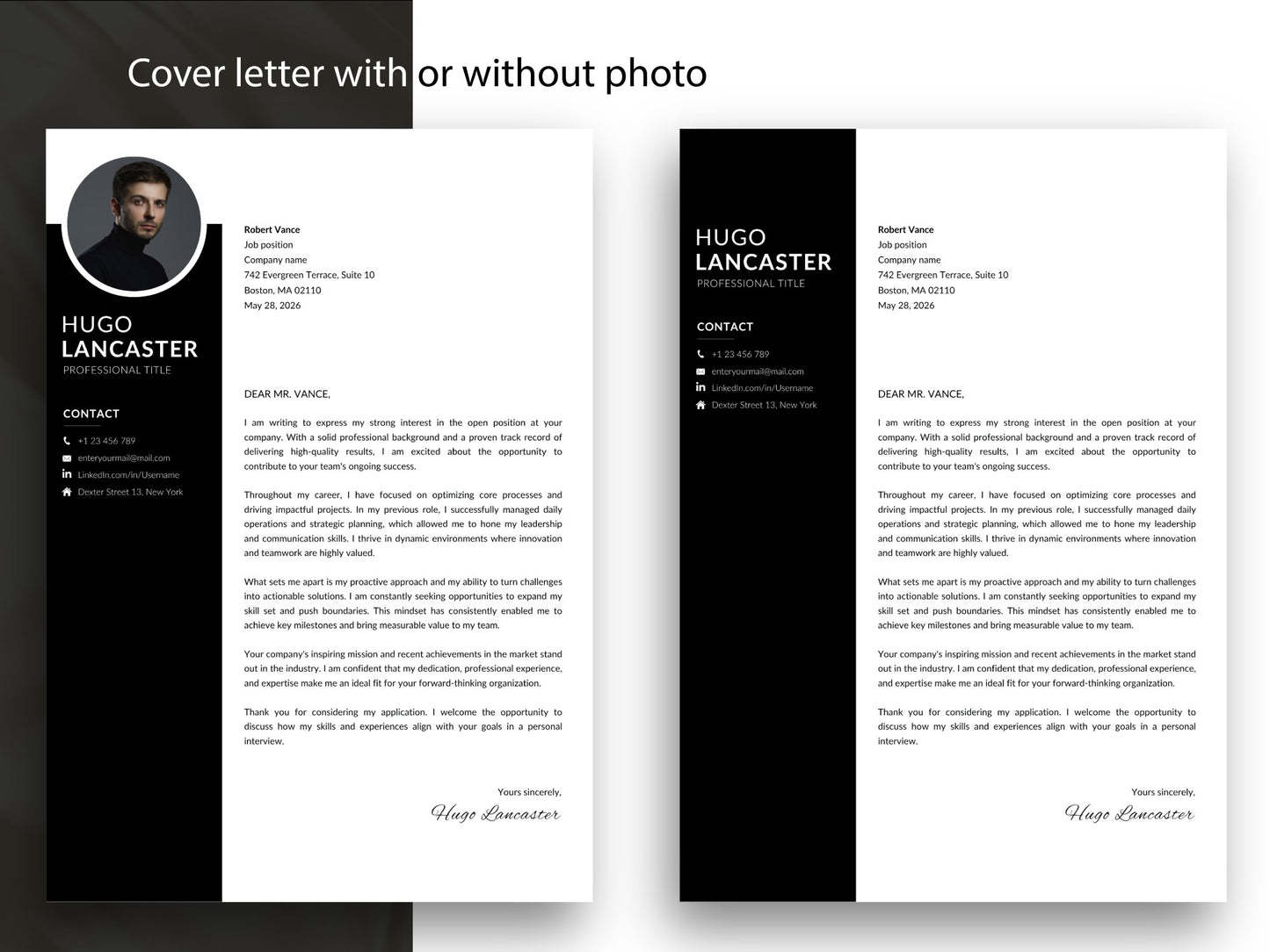 Professionelles Anschreiben passend zur Lebenslauf Vorlage für Word und Canva, moderne Bewerbungsvorlage mit Anschreiben wahlweise mit Foto oder ohne Foto im einheitlichen Design.