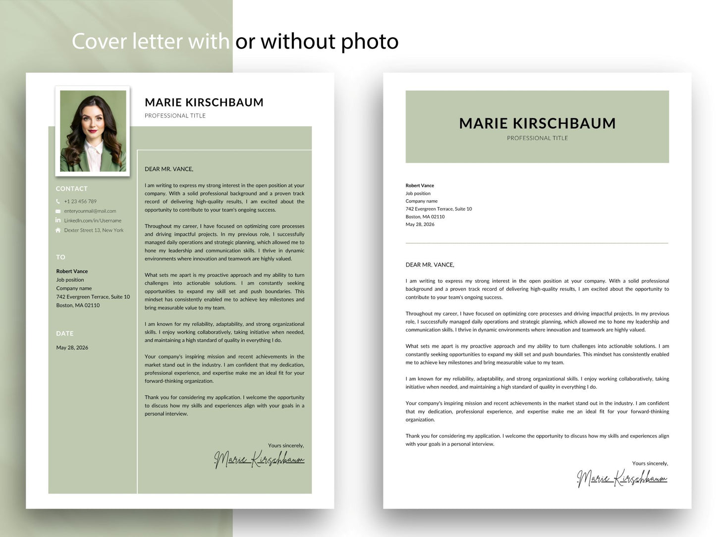 Anschreiben Vorlage in Salbeigrün mit oder ohne Bewerbungsfoto für Word & Canva im modernen Editorial Design – Louvion.de