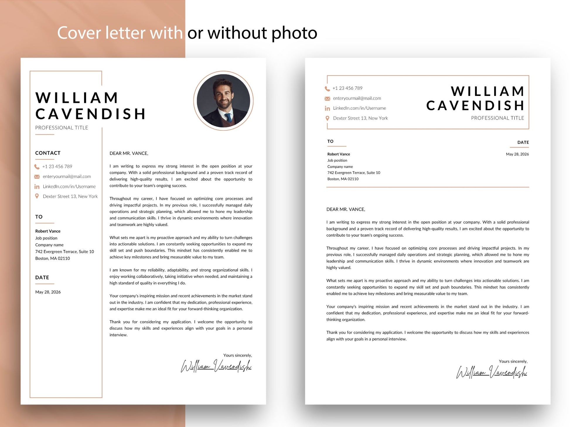Elegante Lebenslauf Vorlage Word & Canva in Terracotta mit passendem Anschreiben, wahlweise mit oder ohne Bewerbungsfoto gestaltet | Louvion.de