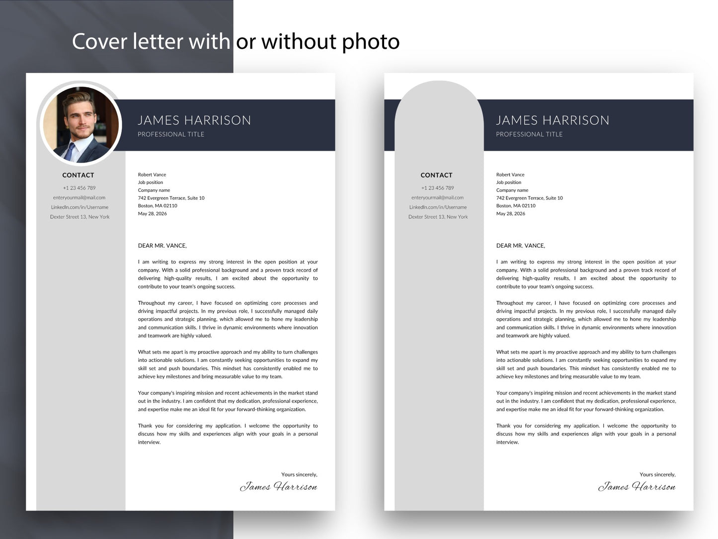 Anschreiben Vorlage mit und ohne Foto im passenden Business-Design, editierbar als Word & Canva Bewerbungsvorlage