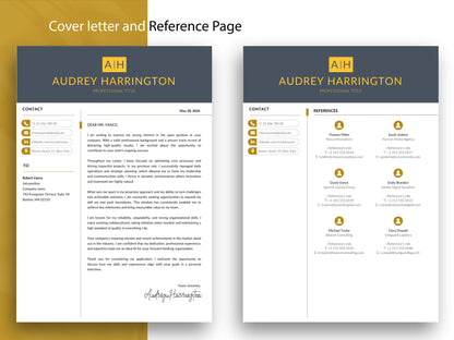 Anschreiben und Referenzseite der Lebenslauf Vorlage in Dunkelblau-Gold mit Kontaktdaten, Referenzen und ATS-freundlichem Layout – Louvion.de