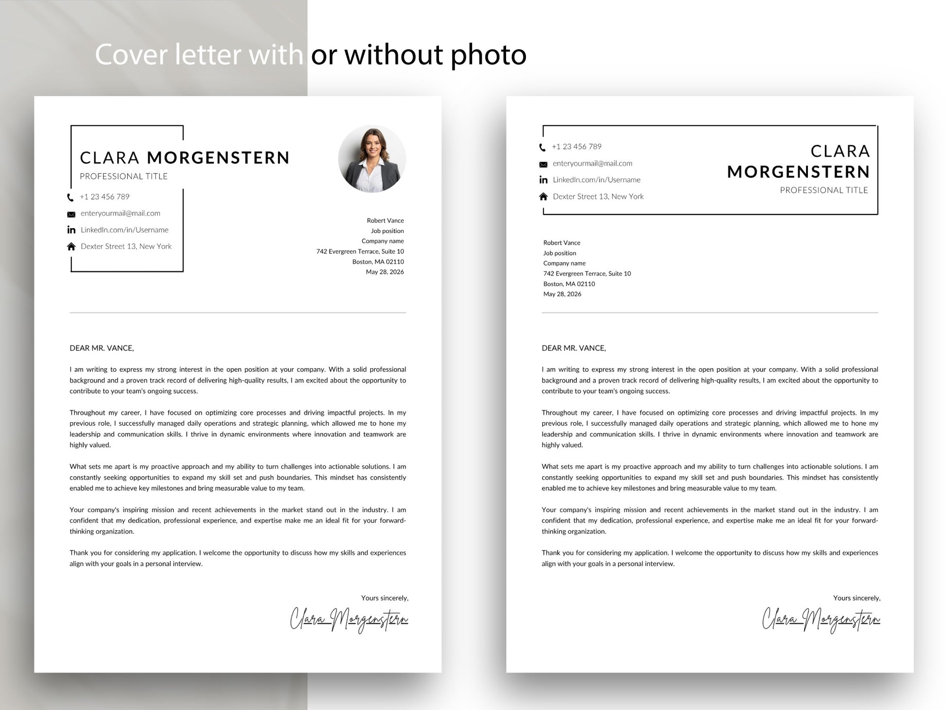 Anschreiben Vorlage für Word und Canva in modernem, professionellem Design mit Varianten mit und ohne Bewerbungsfoto. Die Bewerbungsvorlage bietet ein klares Layout für persönliche Daten, Empfängerangaben, Anschreibentext und Unterschrift und lässt sich passend zum Lebenslauf individuell anpassen. Ideal für eine einheitliche und professionelle Bewerbung.
