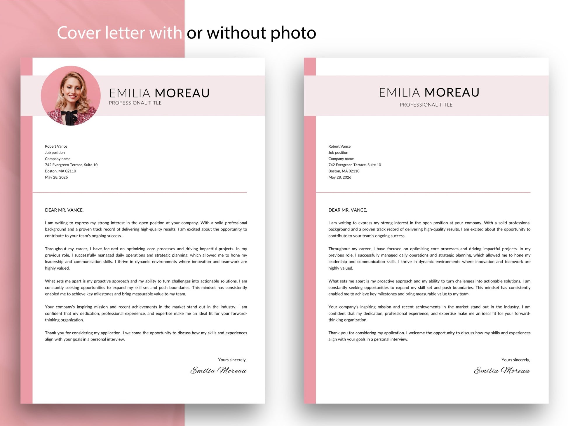 Anschreiben Vorlage in Rosa mit oder ohne Bewerbungsfoto, passend zur Lebenslauf Vorlage für Word und Canva.