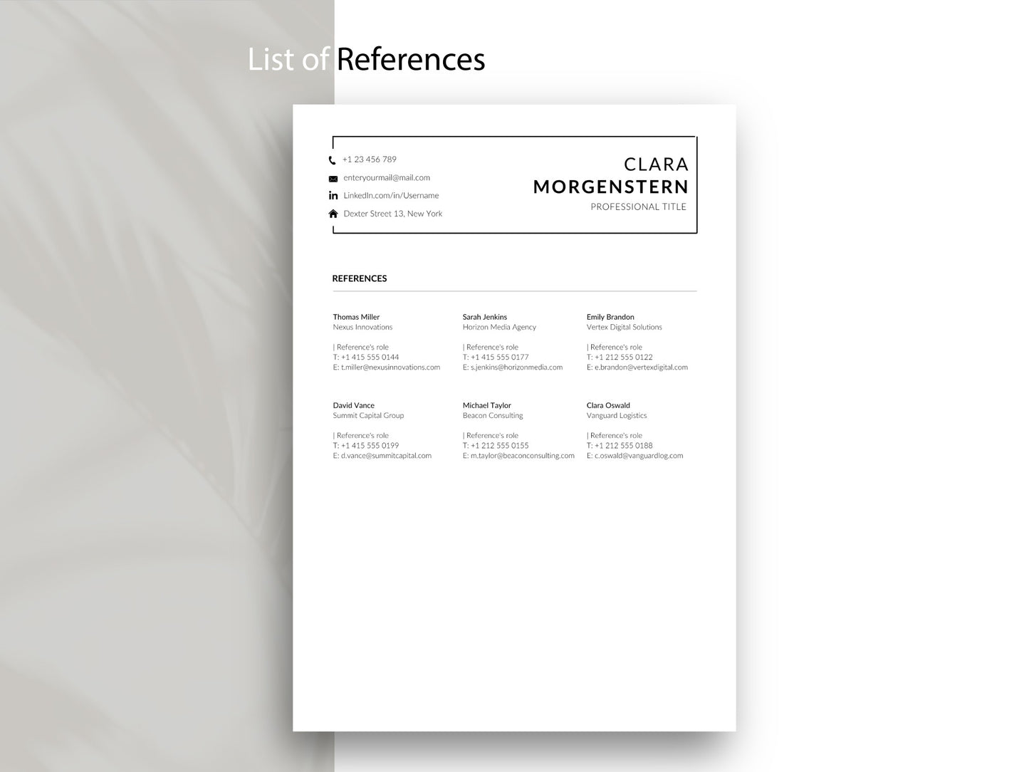 Referenzliste als Ergänzung zur Lebenslauf Vorlage für Word und Canva mit übersichtlicher Darstellung von Ansprechpartnern, Positionen, Unternehmen und Kontaktdaten. Die professionell gestaltete Vorlage sorgt für ein einheitliches Erscheinungsbild der gesamten Bewerbung und bietet Platz für berufliche Referenzen und Empfehlungen.