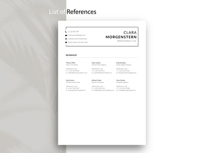 Referenzliste als Ergänzung zur Lebenslauf Vorlage für Word und Canva mit übersichtlicher Darstellung von Ansprechpartnern, Positionen, Unternehmen und Kontaktdaten. Die professionell gestaltete Vorlage sorgt für ein einheitliches Erscheinungsbild der gesamten Bewerbung und bietet Platz für berufliche Referenzen und Empfehlungen.