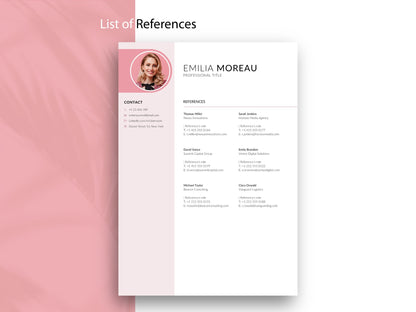 Referenzliste Vorlage in Rosa mit Kontaktbereich und professioneller Darstellung von Referenzen für Word und Canva.